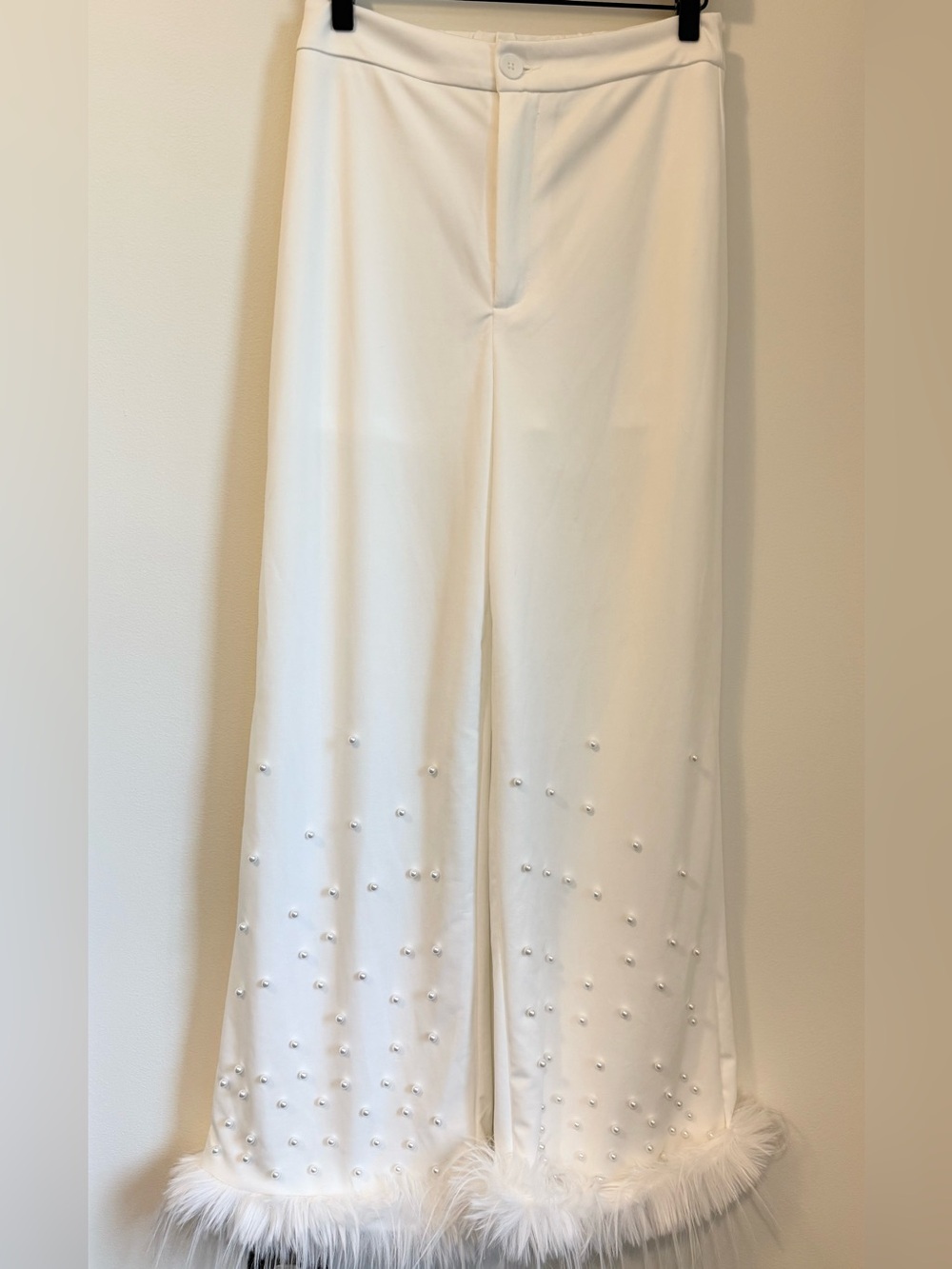SHEIN Cream Wide-Leg Embellished Feather Hem Trousers